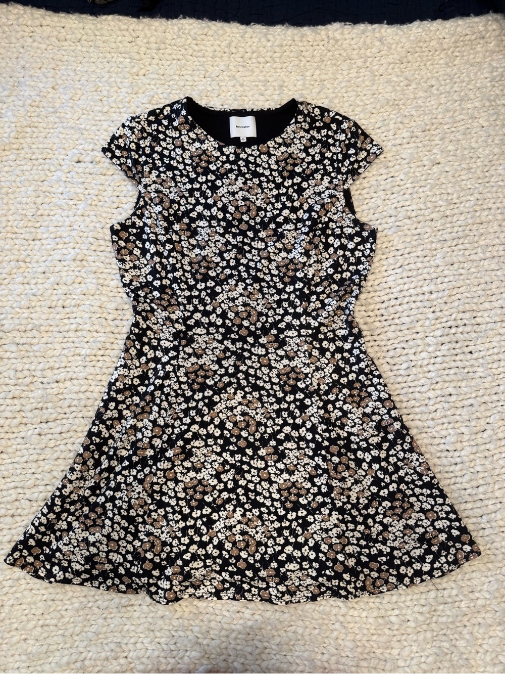 Reformation Black Floral Mini Dress with Cream and Brown Accents